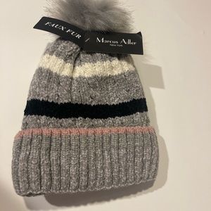 Marcus Adler New York Knit Beanie Cap Pom Pom Faux Fur Lining Chenille Stripe OS